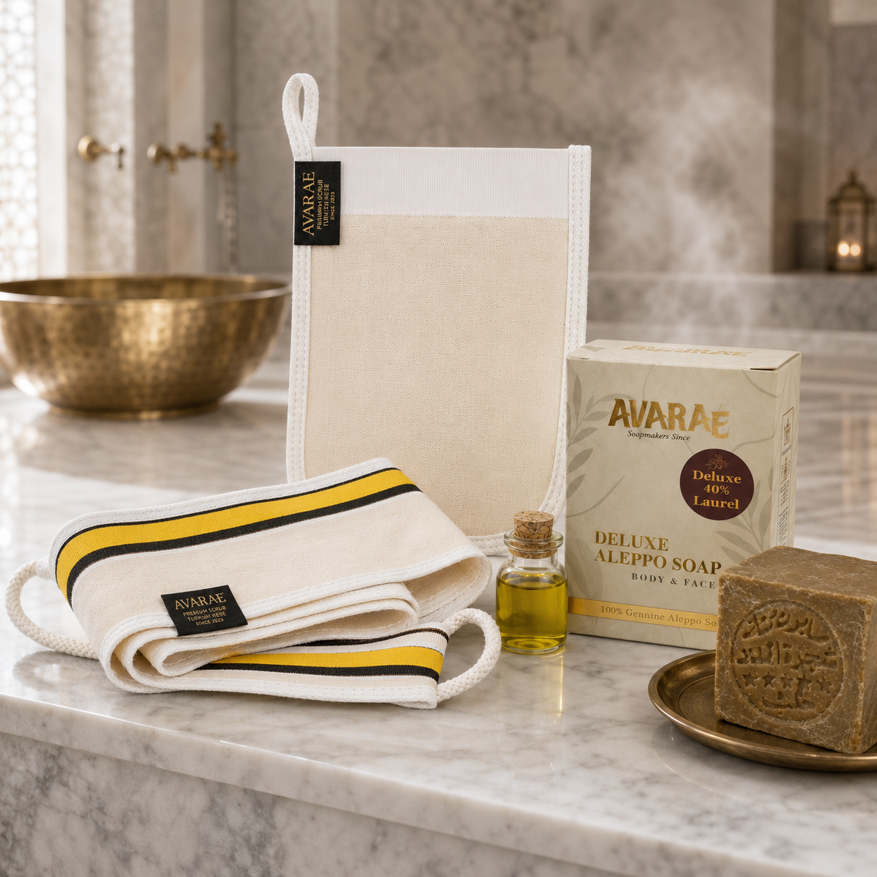 Avaraé Complete Hammam Set — Rug Kese + Hand Kese + Aleppo Zeep 40% · Gratis 20% Zeep