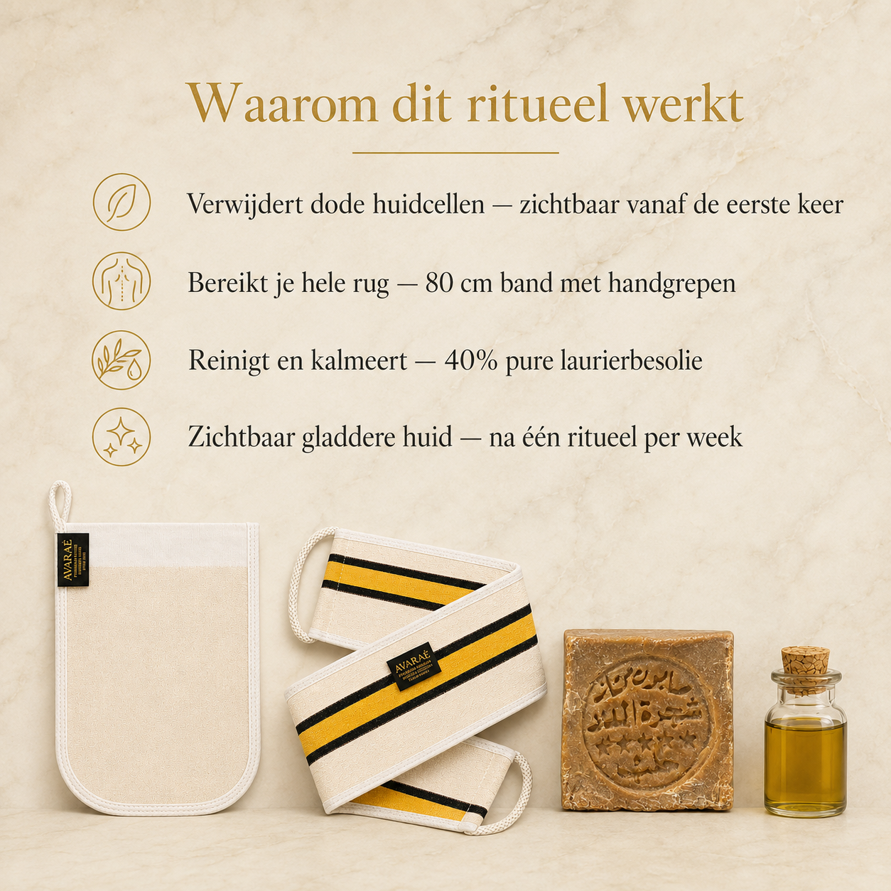 Avaraé Complete Hammam Set — Rug Kese + Hand Kese + Aleppo Zeep 40% · Gratis 20% Zeep