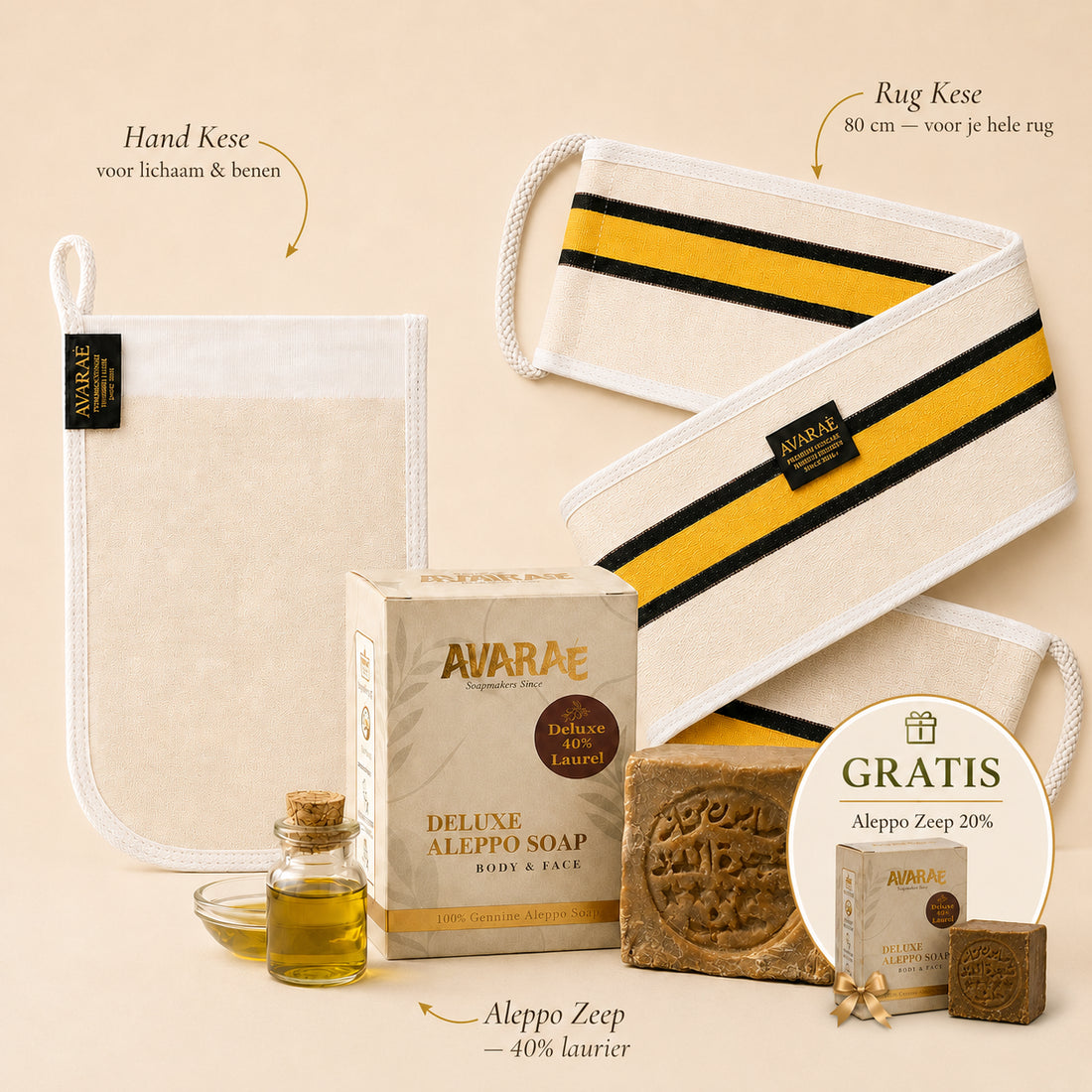 Avaraé Complete Hammam Set — Rug Kese + Hand Kese + Aleppo Zeep 40% · Gratis 20% Zeep