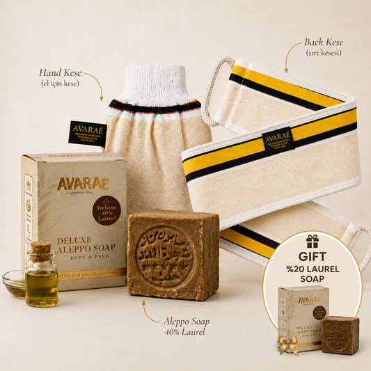 AVARAÉ Complete Hammam Experience Set – Aleppo Soap 40%, Back Kese & Hand Kese