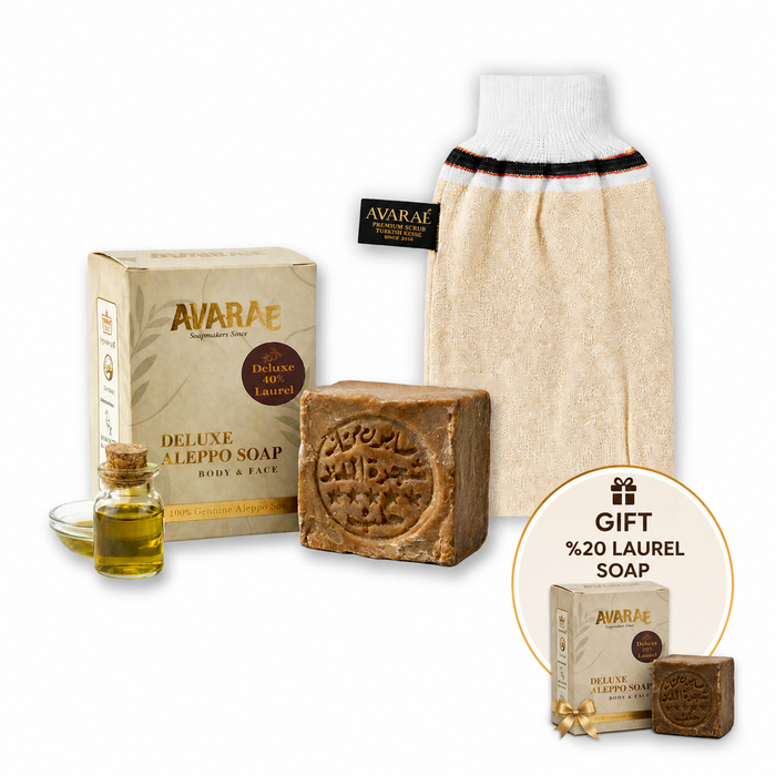 Avaraé Hammam Ritueel Set — Kese + Aleppo Zeep 40% Laurier