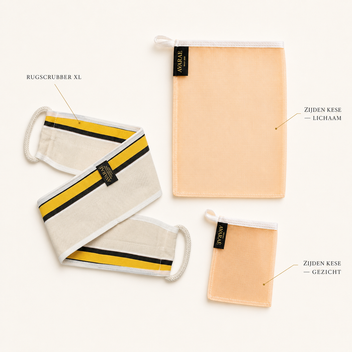 Avaraé Silk & Scrub Set — Zijden Kese Duo + Rugscrubber XL