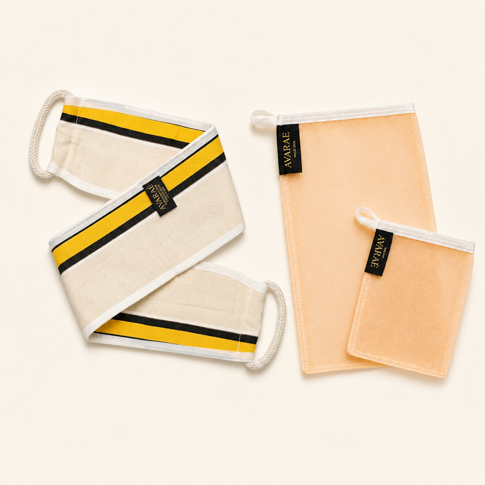 Avaraé Silk & Scrub Set — Zijden Kese Duo + Rugscrubber XL