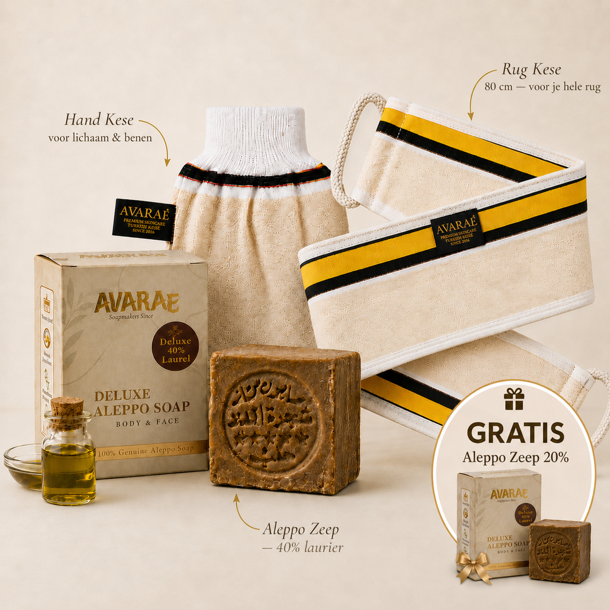 Avaraé Hammam Experience Set — Rug Kese + Hand Kese + Aleppo Zeep 40% · Gratis 20% Zeep