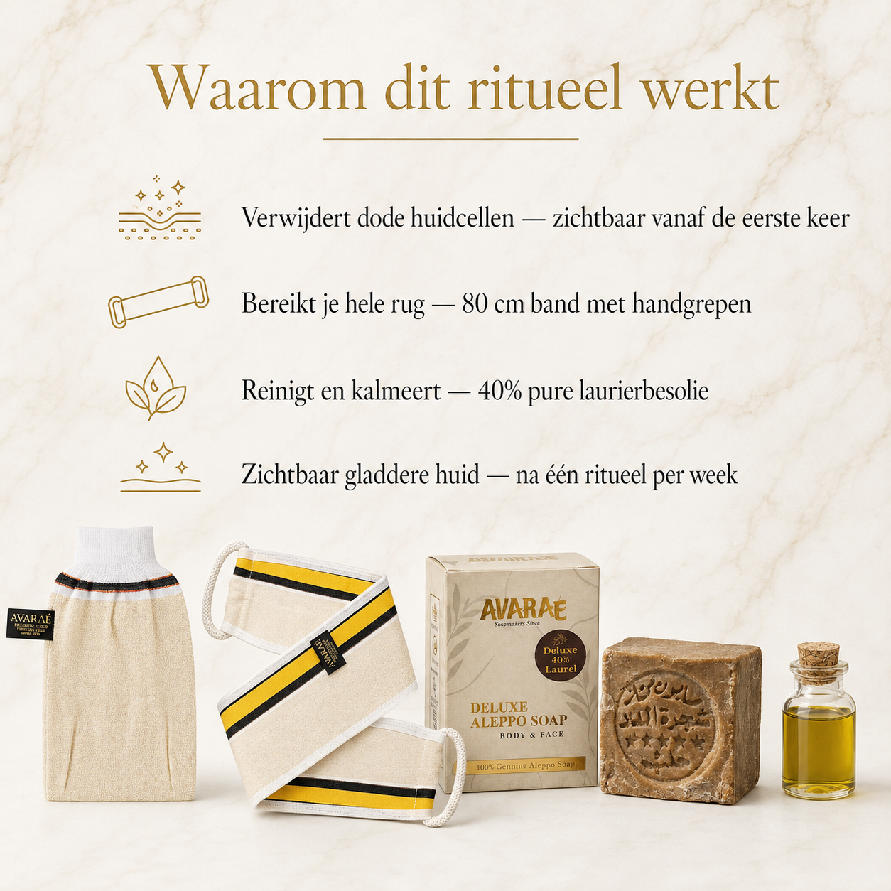 Avaraé Hammam Experience Set — Rug Kese + Hand Kese + Aleppo Zeep 40% · Gratis 20% Zeep